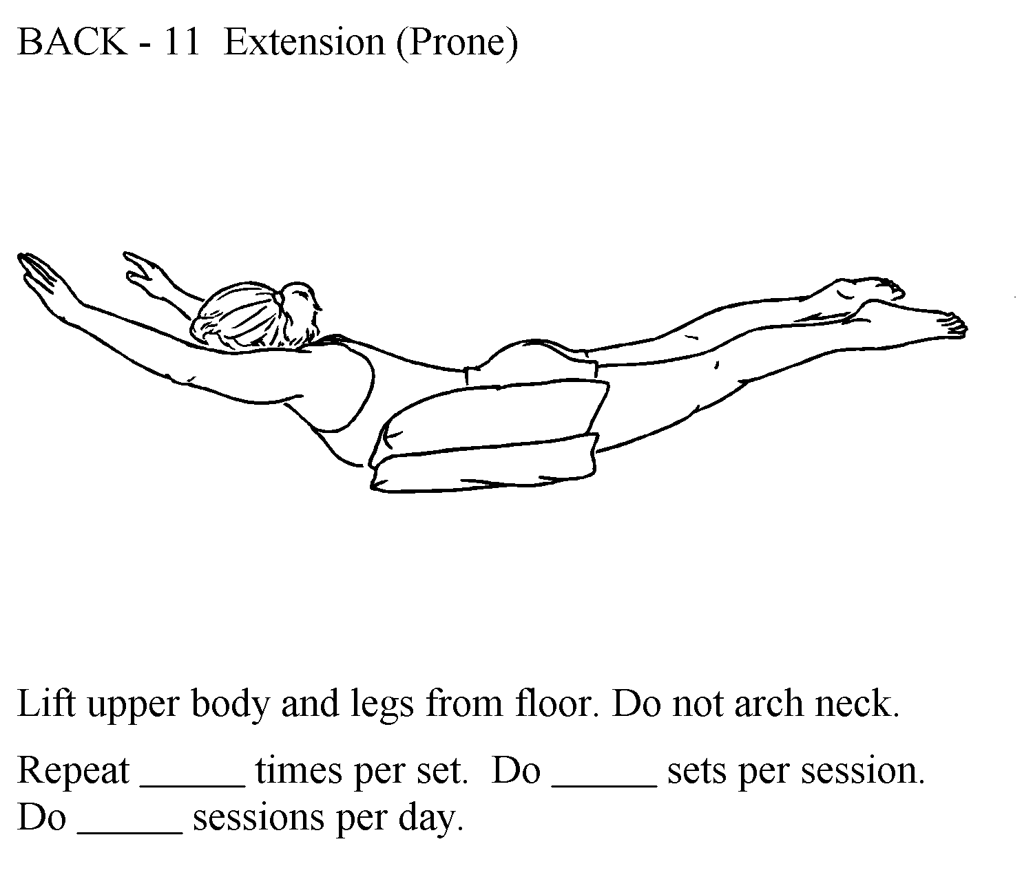Woman lying on belly with pillow under front of pelvis, raising arms overhead and raising legs up off the follor